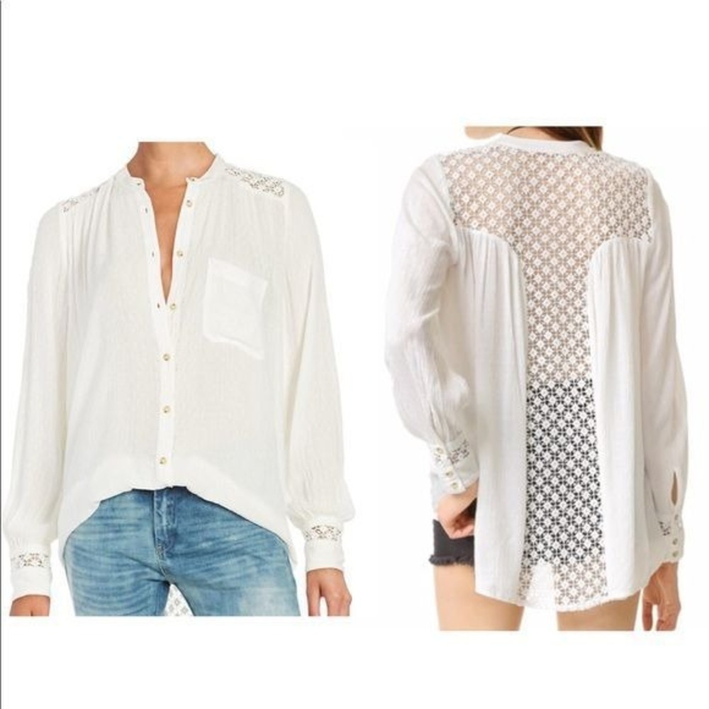 Free People White Crochet Lace Button Up Blouse Boho Gauze Top Small